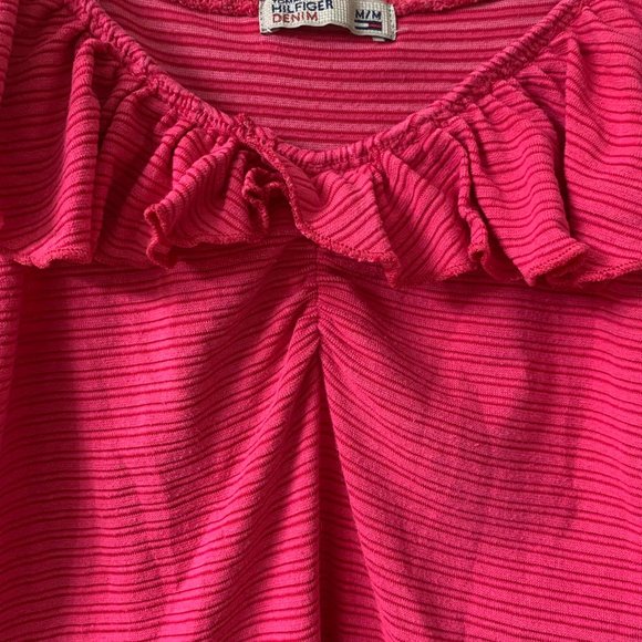 🌷3 for$20🌷Tommy Hilfiger Denim, US M, Pink Striped Sleeveless Ruffle Top - Picture 8 of 11